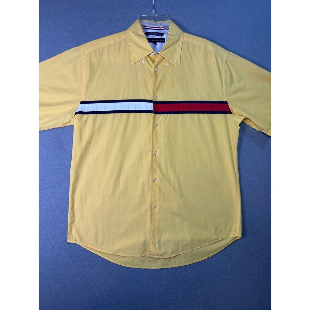 Tommy Hilfiger Y2K Yellow Short Sleeve Button Down Shirt Colorblock Stripe M
